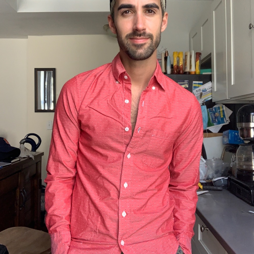 J Crew Red Button Down with minuscule arrows.